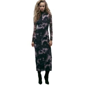 Zara Tulle Tie Dye Sheer Lined Long Sleeve Midi Dress High Neck Witchy Goth Punk
